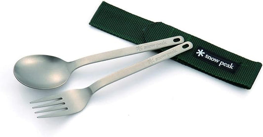 Snow Peak Titanium Fork & Spoon Set - Ultralight & Portable Camping Utensil Set - Durable Titanium Cutlery with Canvas Travel Case