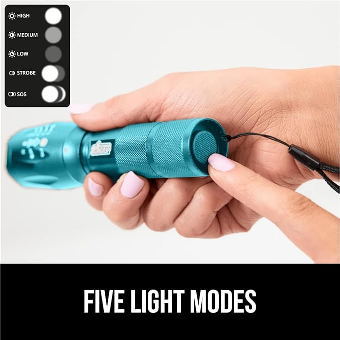 Gorilla Grip Powerful LED 750 FT Water Resistant 5 Adjustable Mode Tactical Flashlight, High Lumens Ultra Bright Battery Life Zoom Flashlights, Small Camping Car Mini Flash Light Accessories Turquoise