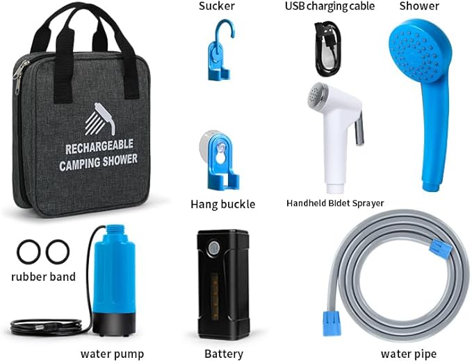 Portable Shower for Camping, Rechargeable Portable Camping Shower, Camp Shower with Double Portable Shower Head and 2 Flow Mode, Camping Shower for Hiking Beach Swimming Outdoor