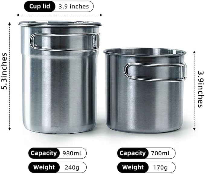 2Pcs Camping Cup Cups and Mugs Stainless Steel Camp Cup Mug Pot big cup 980 ml small cup 700 ml