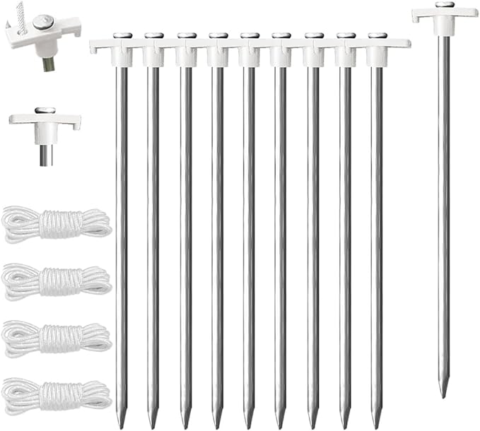 Eurmax USA Galvanized Non-Rust Camping Tent Stakes Canopy Anchors Heavy Duty 10pc-Pack, with 4x10ft Ropes & 1 White Stopper
