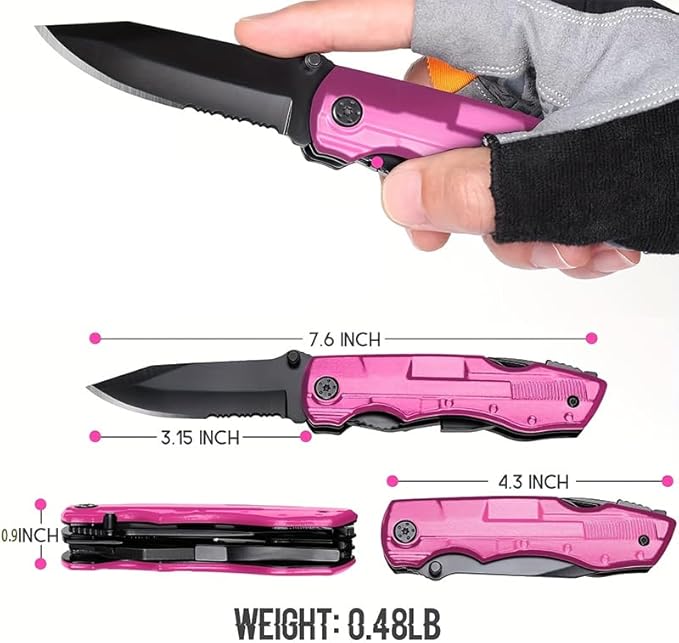 Gifts for Women Mom Wife Girlfriend, Pink Multitool Pocket Knife,Tactical Knife for Camping, Emergency, Outdoor, Daily Use, Unique Mothers Day Birthday Anniversary Valentines Day Gift Ideas for Women