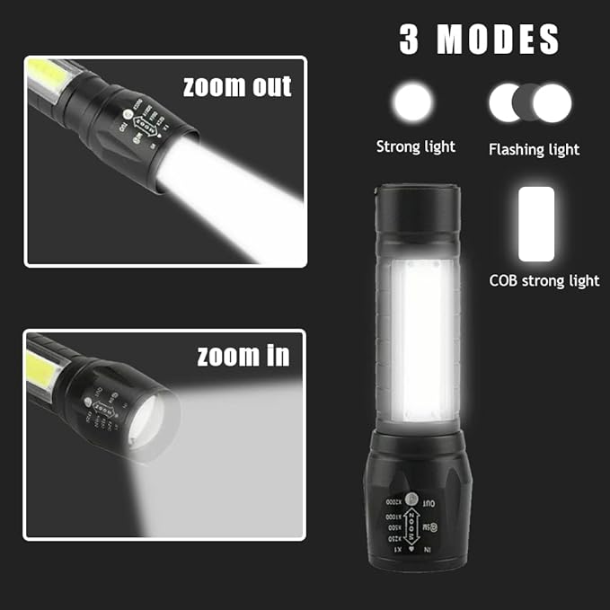 Led Flashlight Rechargeable USB Torch Mini Small Light Super Bright Handheld Tiny Portable Pocket Flash Light with COB Side Searchlight High Lumens Zoomable Emergency Camping Accessories 2 Pack