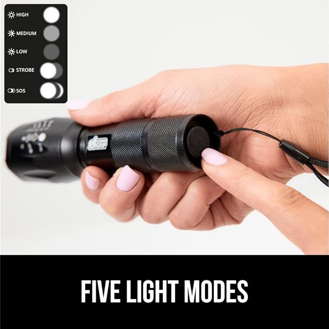 Gorilla Grip Powerful LED 750 FT Water Resistant 5 Adjustable Mode Tactical Flashlight, High Lumens Ultra Bright Battery Zoom Flashlights, Small Camping Car Mini Flash Light Accessories, 2 Pack Black