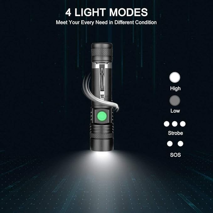 Hoxida LED Tactical Flashlight, Super Bright LED Flashlight Rechargeable 2000 High Lumen, Pocket-Sized LED Torch with Clip, IPX6 Waterproof, Zoomable, 4modes for Camping,Emergency