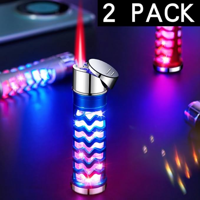 2 Pack Blue Black Cool Butane Torch Lighters,Refillable Adjustable Jet Flame Lighter,Windproof,Gift for Men Candles Camping BBQ (No Butane Fuel)