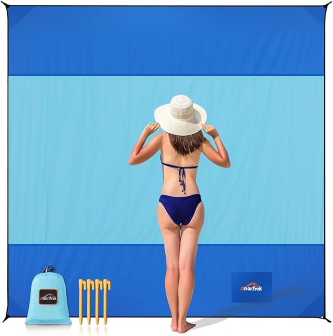 Beach Blanket Sandproof, Extra Large Beach Mat, Sand Free Mat Quick Drying, Lightweight, Soft & Durable Mat for Beach, Yard (Blue & Sky Blue, 6.6 x 6.6 FT (1~4 Person))