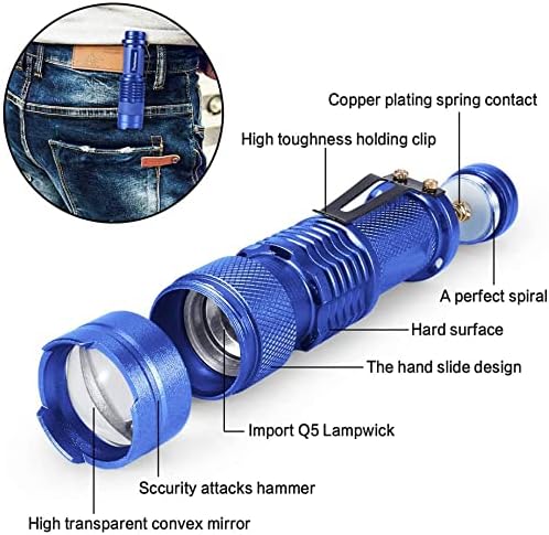 MODOAO 6 Pack,7W 300LM SK-68 3 Modes Mini Light Black Q5 LED Tactical Flashlight, LED Mini Flashlights,Adjustable Focus Zoomable Tactical Flashlight for Camping Hiking Emergency(Blue