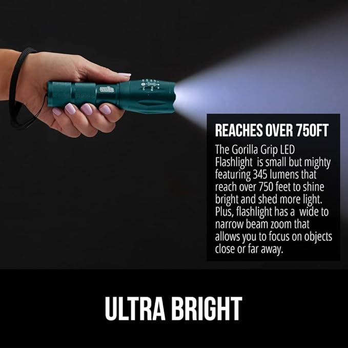 Gorilla Grip Powerful LED 750 FT Water Resistant 5 Adjustable Mode Tactical Flashlight, High Lumens Ultra Bright Battery Zoom Flashlights, Small Camping Car Mini Flash Light Accessories, 2 Pack Teal