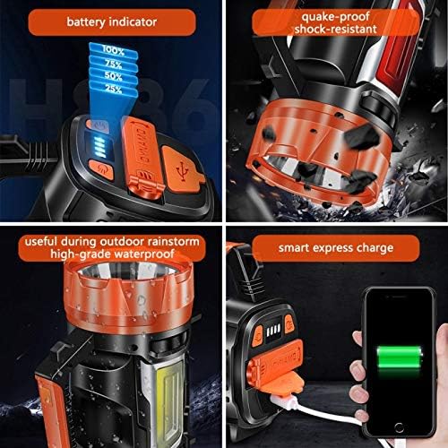 Handheld Spotlight Searchlight, Rechargeable 35W High Lumen Waterproof Ultra Bright LED Hand Crank Flashlight, Portable USB Power Bank With Long-lasting Battery For Camping, Outdoor, Emergency