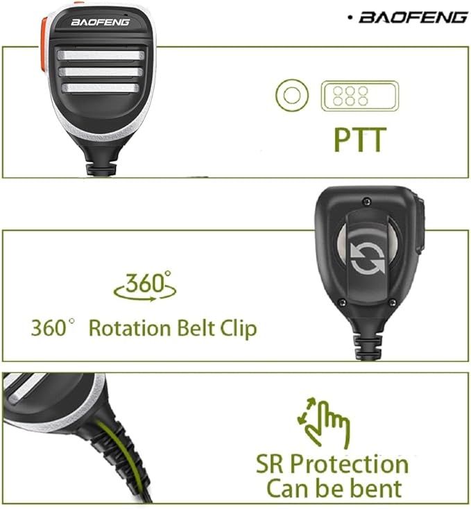 BAOFENG BF-F8HP Microphone Speaker Handheld Mic Waterproof Upgrade of Original BF Mic for GMRS Ham Radio 2Pin K Mic Silver Compatible with UV-K5 UV-82 UV-S9 Plus UV-17R P15UV