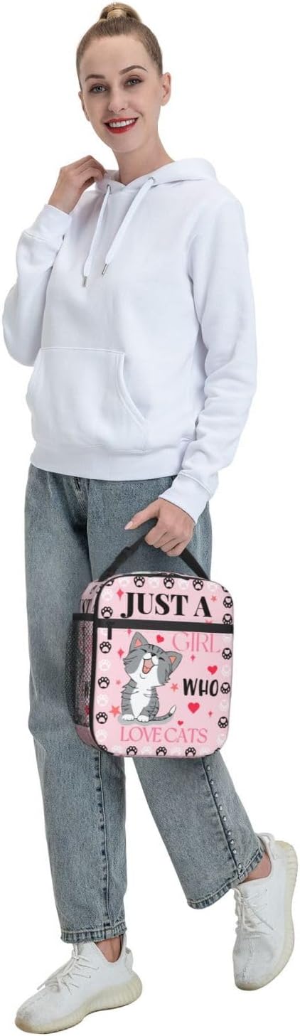 Cute Cat Pink Lunch Bag Large Capacity Heat Insulated Lunch Box, Just A Girl Who Loves Cats Leakproof Durable Portable Reusable Handbags Thermal Cooler Tote Bag for School