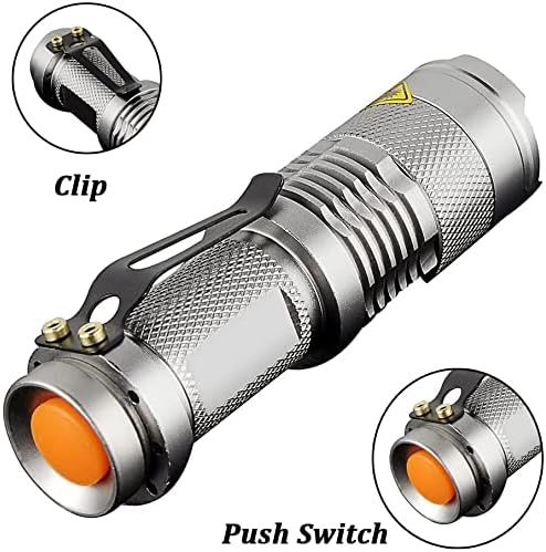 MODOAO 6 Pack,7W 300LM SK-68 3 Modes Mini Light Black Q5 LED Tactical Flashlight, LED Mini Flashlights,Adjustable Focus Zoomable Tactical Flashlight for Camping Hiking(Silver)
