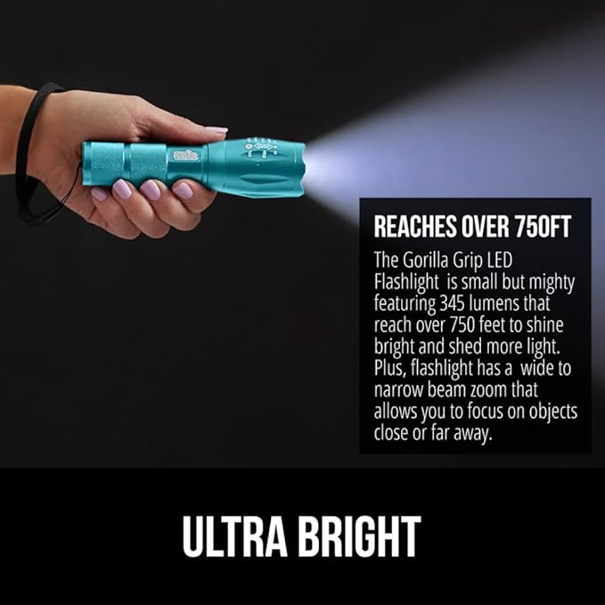 Gorilla Grip Powerful LED 750 FT Water Resistant 5 Adjustable Mode Tactical Flashlight, High Lumens Ultra Bright Battery Life Zoom Flashlights, Small Camping Car Mini Flash Light Accessories Turquoise