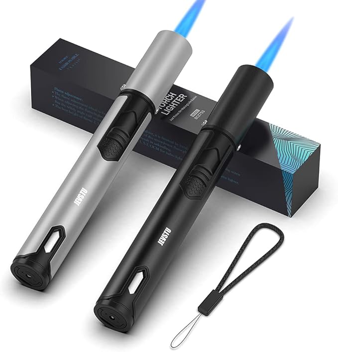 2 Pack Butane Lighter, Torch Lighter with Fuel Level Window, Adjustable Fire Jet Lighter for Fireplace, Windproof Pen Lighter for Candle Kitchen BBQ, Lighter Fluid not Included, Black & Sliver