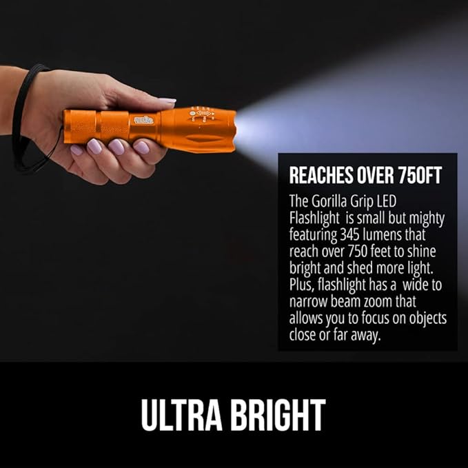 Gorilla Grip Powerful LED 750 FT Water Resistant 5 Adjustable Mode Tactical Flashlight, High Lumens Ultra Bright Battery Zoom Flashlights, Small Camping Car Mini Flash Light Accessories, 2 Pack Orange