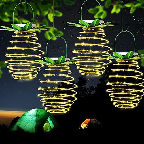 Tcamp 4 Pack 60 LED Solar Powered Pineapple Lights Outdoor Garden Patio Lights Decor, Outdoor Pineapple Lanterns Hanging Lights, Landscape Path Tree Lights (Dusk to Dawn Sensor/Warm White)