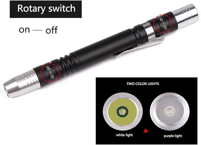 MODOAO LED Flashlight Pen Light, White and purple dual light flashlight for Test,LED Mini Pocket Pen Clip Flashlight work for Camping, Outdoor, Fishing, Emergencies