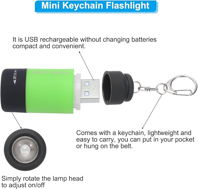 PATIKIL Mini Keychain Flashlight, Pocket LED Flashlight Portable Torch USB Rechargeable for Outdoor Camping Party, Light Green
