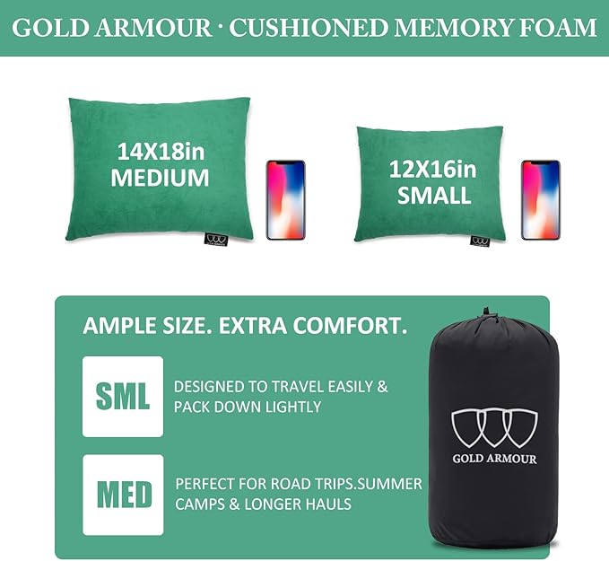 Gold Armour Camping Pillow Memory Foam - Compact Compressible Backpacking, Hammock, and Travel Pillows for Kids and Adults - Essential Outdoor & Camping Gear (Medium 14x18in, Seafoam)