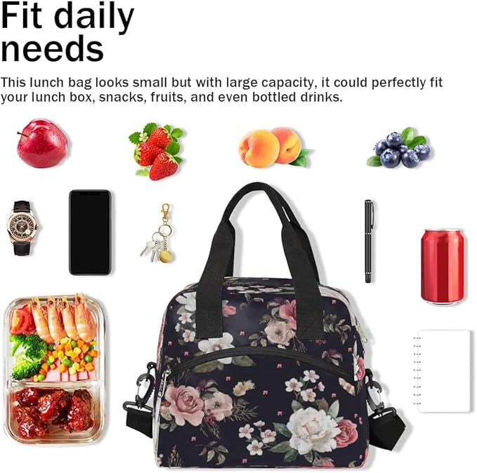 Insulated Lunch Bags for Women - Portable Leakproof Thermal Lunch Box Tote for Adult Men Cooler Bag with Adjustable Shoulder Strap for Work, Beach, Picnic or Travel (Flowers)