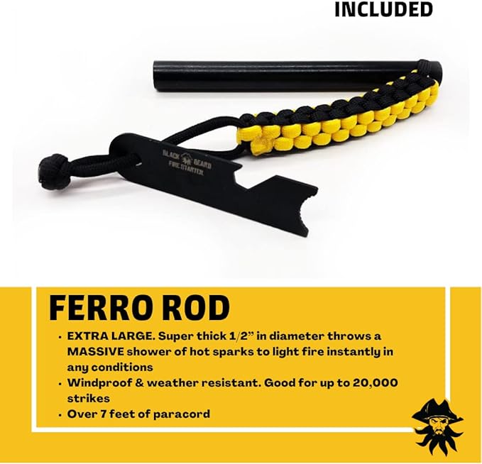 Black Beard Fire Plug Kit - 50 Waterproof Fire Plugs, Arc Lighter, Ferro Rod and Organizer Case for Camping, Backpacking and Emergency Survival