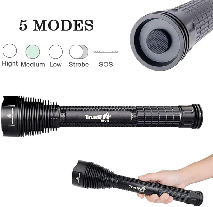 TrustFire LED Flashlight, J18 super Bright 8000 Lumens, Water Resistant 5 Light Modes Large Tactical Torch by 2X or 3X Rechargeable Battery (Battery Not Included)