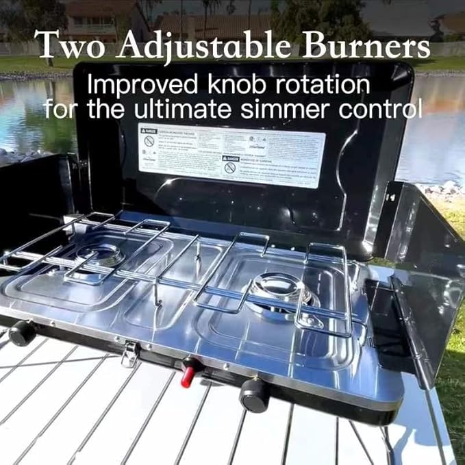 Camping Stove 2 Burner, Portable Propane Stove 20000 BTU with Regulator, Integrated Igniter & Stainless Steel Drip Tray & Built-in Handle & Foldable Legs for Outdoor Cooking and Travel