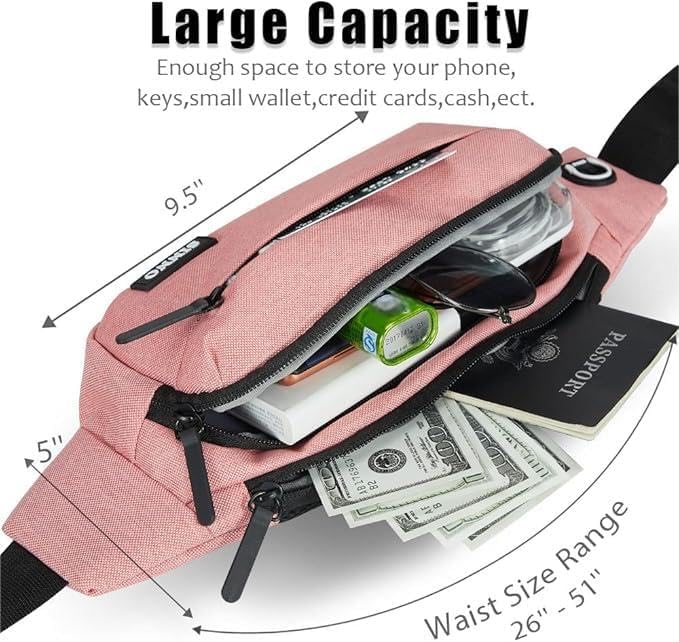 SINNO Large Crossbody Fanny Pack for Women Men Belt Bag With 4-Zipper Pockets for Travel Running Hiking Workout Dog Walking Outdoors Sport Fishing Waist Pack Bag Carrying All Phones