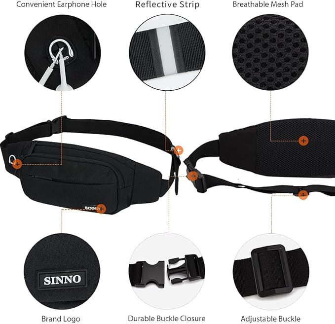 SINNO Large Crossbody Fanny Pack for Women Men Belt Bag With 4-Zipper Pockets for Travel Running Hiking Workout Dog Walking Outdoors Sport Fishing Waist Pack Bag Carrying All Phones