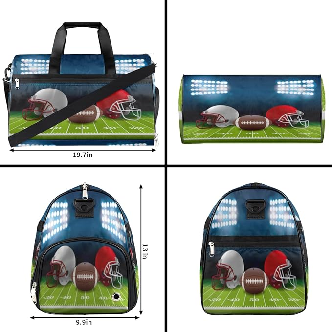 Football Helmet Dry Wet Depart Duffle Overnight Bag with Shoes Compartment & Wet Pockets, Water Resistant Weekender Travel Gym Pouch For Swim Gymnastics Ballet Sleepovers