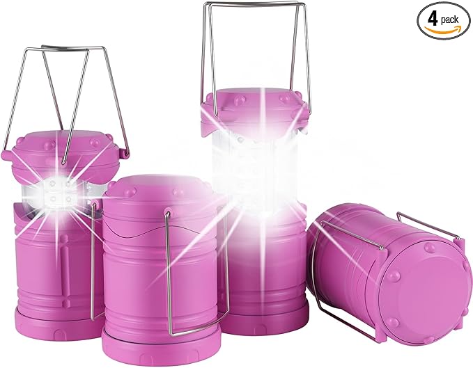 Lichamp 4 Pack Pink LED Camping Lanterns, Battery Powered Camping Lights LED Super Bright Collapsible Flashlight Portable Emergency Supplies Kit, A4PK