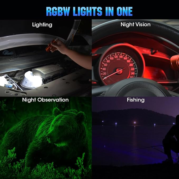 Small RGBW Flashlight Rechargeable with 12 Volt Car Cigarette Lighter & USB C for Auto Vehicles Emergency, Car Escape, Outdoors, Daily Use