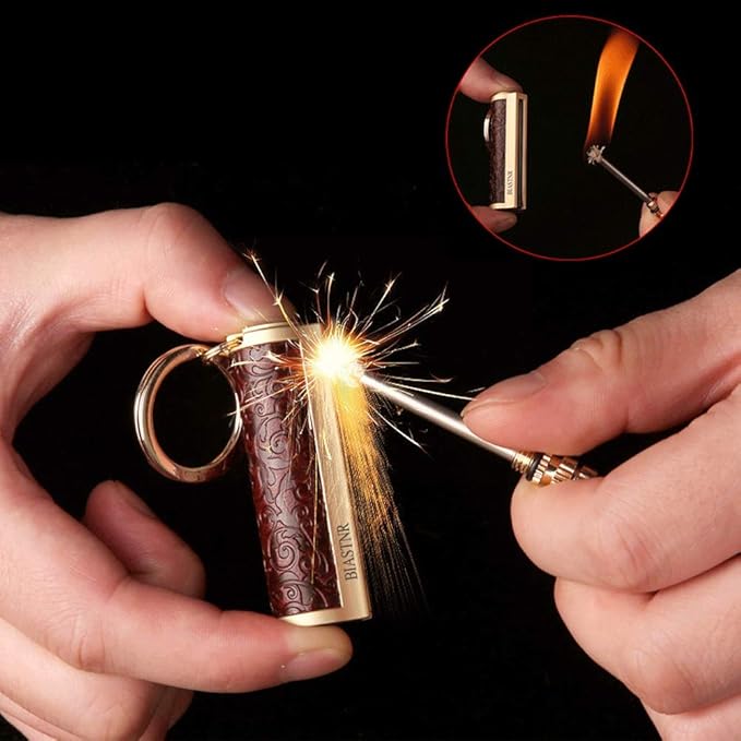 Permanent Match,Keychain Matchstick Fire Starter Immortal Lighter,Flint Match Stick Kerosene Refillable Lighter for Outdoor Camping Survival,Dark red