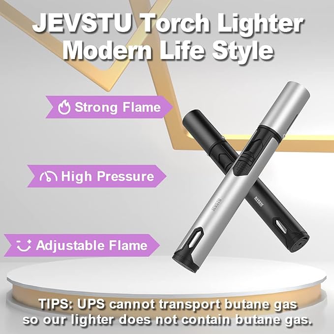 2 Pack Butane Lighter, Torch Lighter with Fuel Level Window, Adjustable Fire Jet Lighter for Fireplace, Windproof Pen Lighter for Candle Kitchen BBQ, Lighter Fluid not Included, Black & Sliver