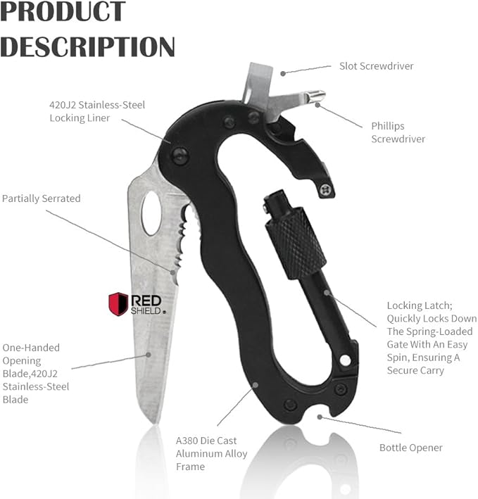 5-in-1 Survival Tool Keychain. Multitool Includes Slotted & Phillips Screwdriver, Bottle Opener, Blade Carabiner Aluminum Frame, Stainless Steel Locking Liner & Latch. Hang Keys.