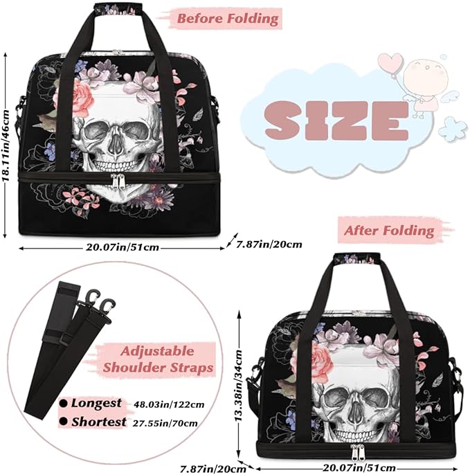 Sports Gym Bag, Sugar Skull Flower Halloween Travel Duffel Bag with Shoes Compartment Waterproof Overnight Bag Workout Weekender Bag Boys Girls Yoga Dance Bag Gym Tote Bag for Women Men