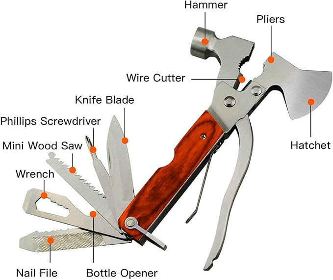 Camping Multitool Axe Hatchet,16 in 1 Camping Gear Multitools with Axe Hammer Plier Knife Set for Camping Hiking Outdoor Survival Gear Kit with Axe,Hammer,Plier,Knife,Bottle Opener