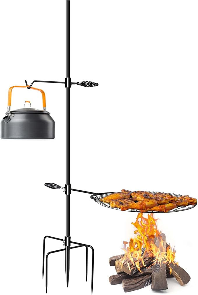 Campfire Grill Grate with Keetle Hook, 360° Rotatable Swivel Campfire Fire Pit Grill Grate for Outdoor Camping BBQ, Cooking