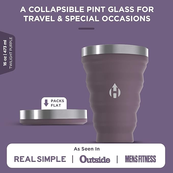 HYDAWAY Collapsible Pint - 16 oz, Silicone & Steel Rim I Collapsible Cup for Beer, Water & Soda, Portable Drinking Cup for Party, Camping, Backpacking & Hiking, Folding Travel Cups Collapse to 1-inch