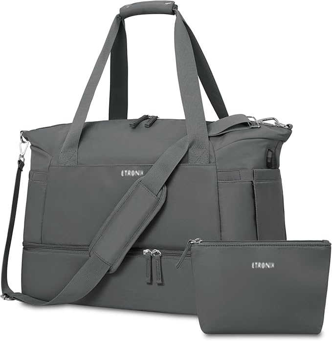 ETRONIK Gym Bag for Women, Travel Duffel Bag with USB Charging Port, Weekender Overnight Bag with Wet Pocket and Shoes Compartment for Women, Travel, Gym, Yoga (Dark Grey)