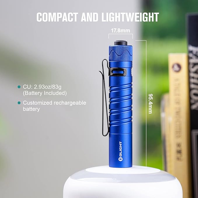 OLIGHT I5R HCRI 285 Lumens Rechargeable Tail-Switch LED Flashlight Powered by USB Rechargeable Battery, Slim EDC Pocket Flashlight for Camping, Outdoor, and Emergency (Blue)