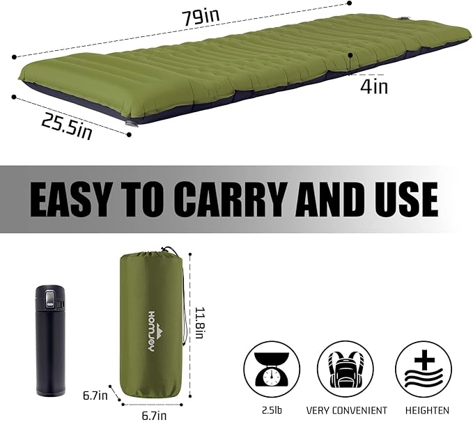 Megior Camping Sleeping Pad, Extra Thickness 4 Inch Inflatable Sleeping Mat Lightweight Waterproof Camping with Built-in Pump Air Mattress for Backpacking, Hiking, Tent, Traveling,Green