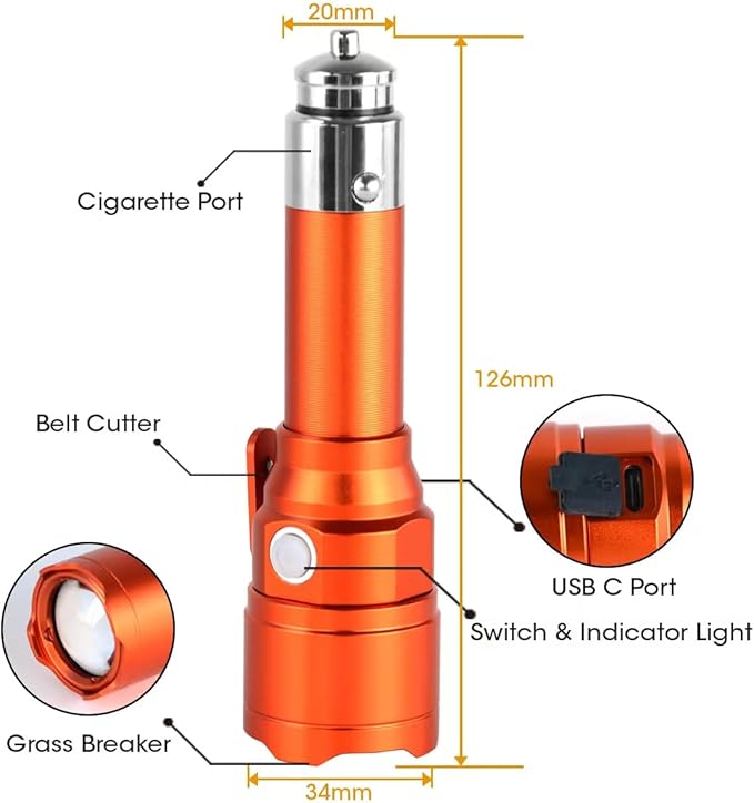 Small RGBW Flashlight Rechargeable with 12 Volt Car Cigarette Lighter & USB C for Auto Vehicles Emergency, Car Escape, Outdoors, Daily Use