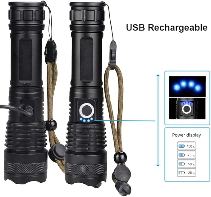 Rechargeable Handheld Flashlight - Super Bright - Zoomable - Adjustable Focus - 5 Modes - High Lumens - Waterproof IPx5 - Tactical for Emergencies, Hiking, Camping, Home & More., Black