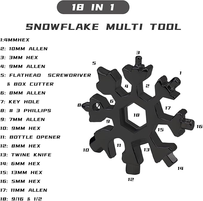 4 Pack 18 In 1 Snowflake Multitool, Stainless Steel Snowflake Wrench/Bottle Opener/Screwdriver Kit, Snowflake Multi Tool for Outdoor Travel Camping Hiking, Great Christmas Gift for Men