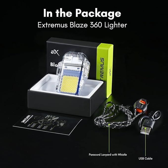 Extremus Blaze 360 Rechargeable Electric Lighters, Dual Arc Lighter, Windproof Plasma Lighter, Waterproof Lighter, Flameless Lighter with Whistle Lanyard for Camping (Blue Flash)