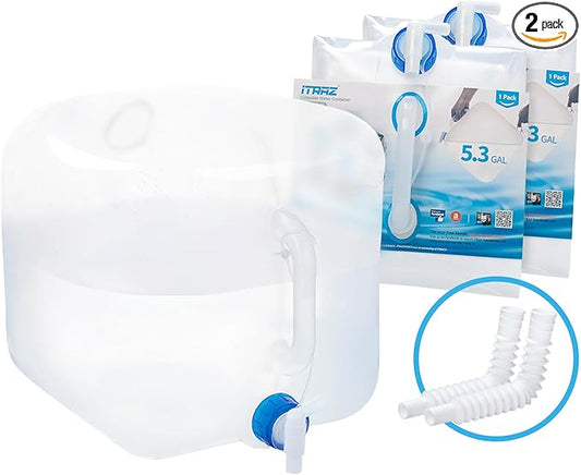 Collapsible Water Container, 2×5.3 Gallon BPA Free Water Storage Jug with Spigot for Camping Hiking Backpacking RV Hurricanes Outdoors&Emergency, Foldable Portable Canteen Survival Kit