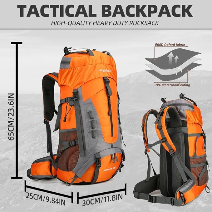 King'sGuard 60L Hiking Backpack Large Waterproof Camping Backpack for Men and Women Lightweight Frameless Backpacking Backpack with Rain Cover (Orange)