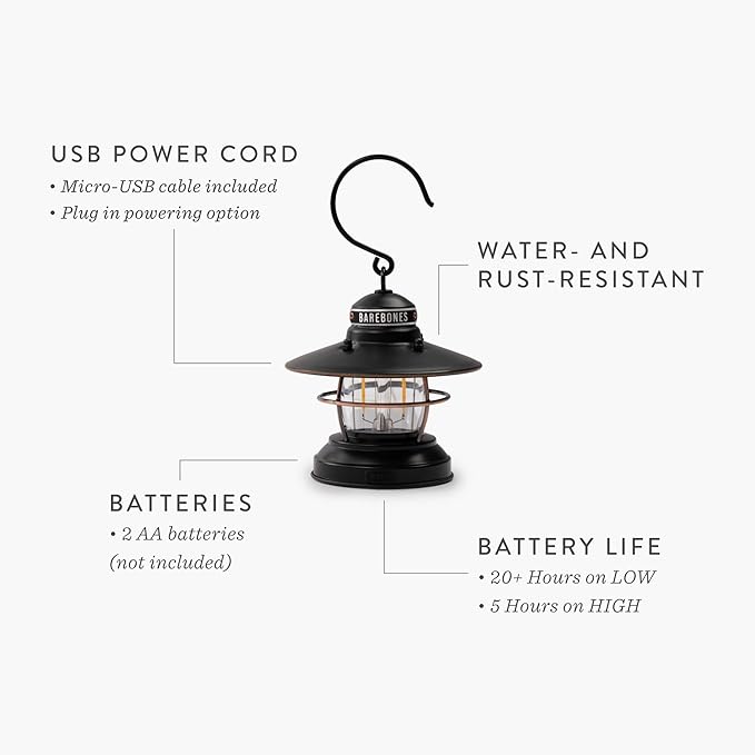 Barebones Edison Mini Lantern - Vintage Adjustable Camping Lantern - Small Lantern Lights - Outdoor Accessories and Camping Essentials